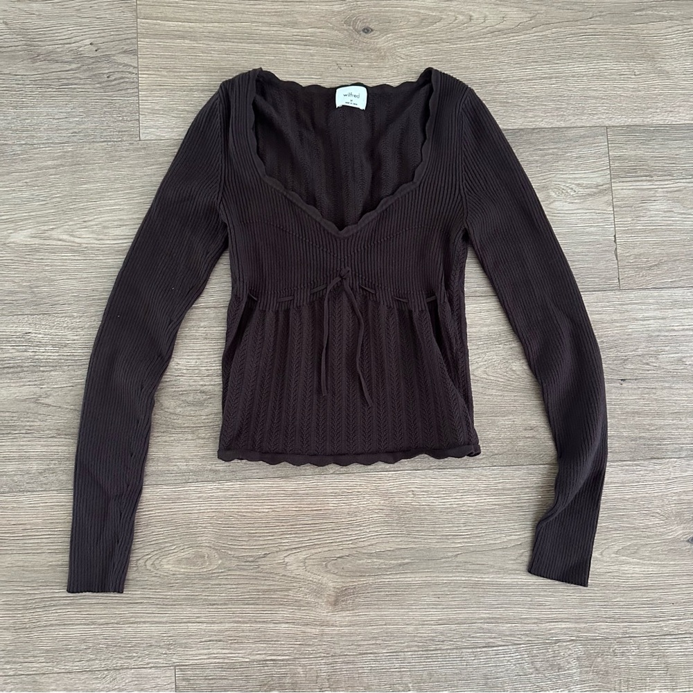 Aritzia Brown Long Sleeve Ribbed V-Neck Top